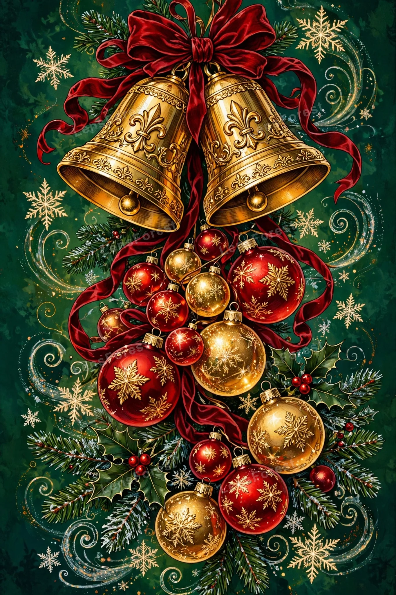 Rich vertical illustration of ornate glossy golden Christmas bells with deep red velvet ribbons, glowing red and gold bauble ornaments and snowflakes on a deep emerald green night background