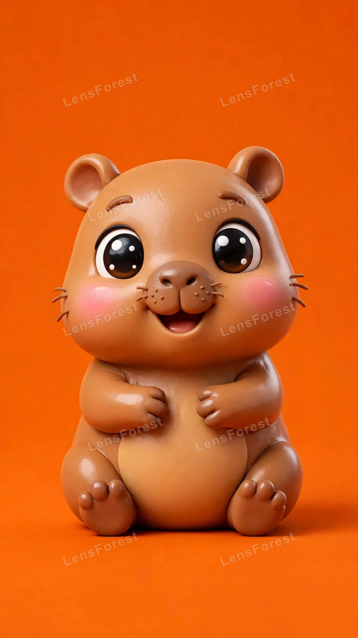 Glossy 3D baby capybara character with big sparkling eyes and rosy cheeks smiling on a solid tangerine orange background