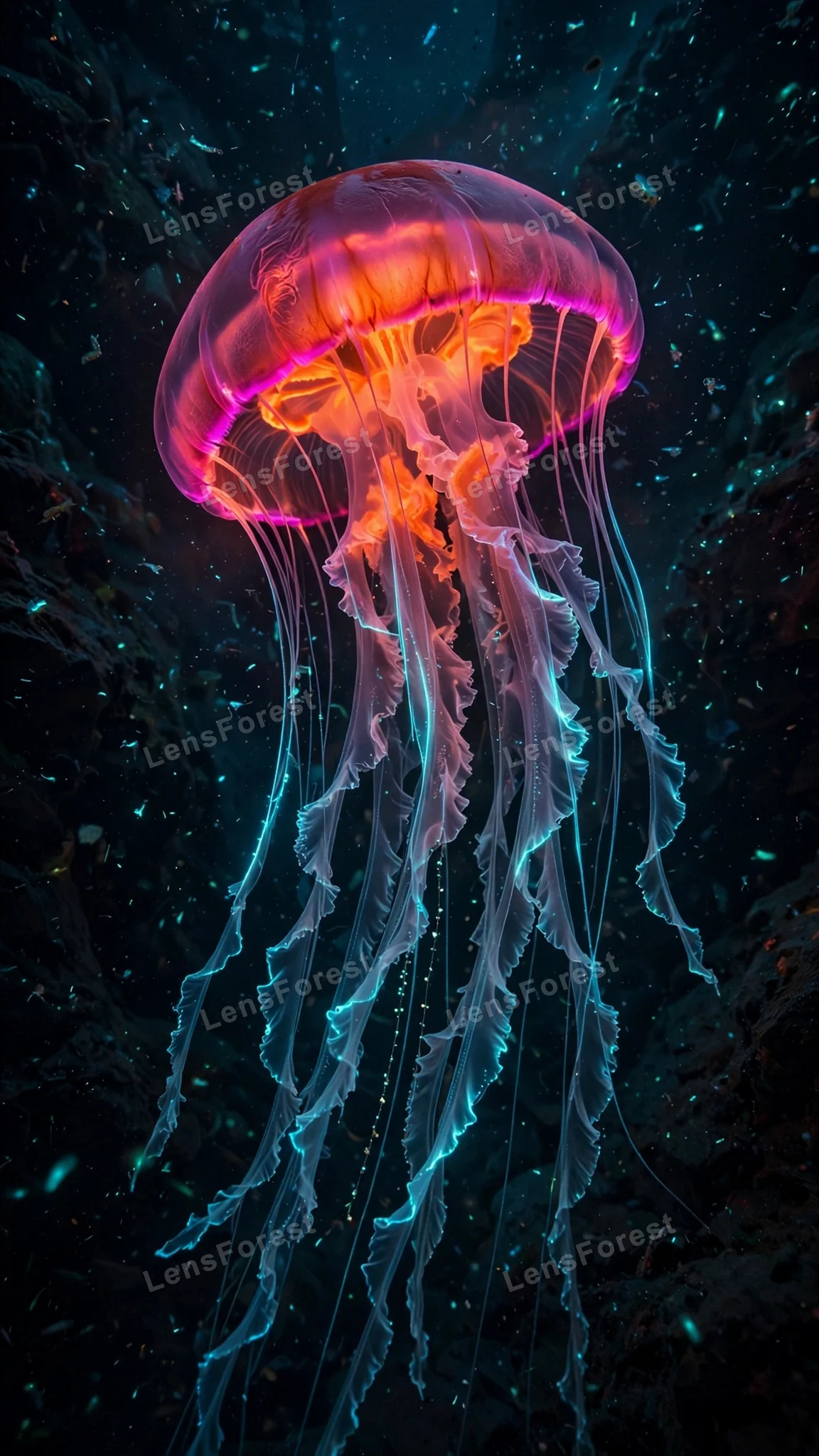 Glowing neon jellyfish with magenta-orange bell and cyan tentacles drifting in dark abyssal ocean