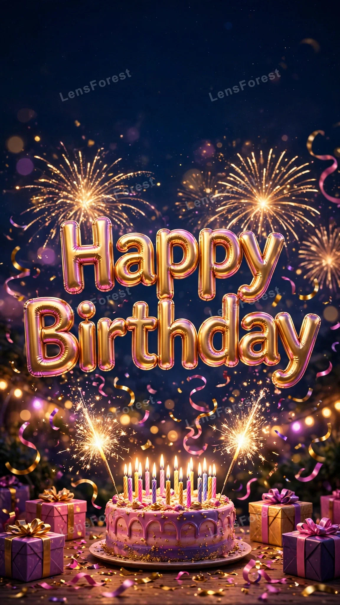 Golden 3D balloon letters spelling Happy Birthday over a glowing birthday cake with lit candles, fireworks and gift boxes at night