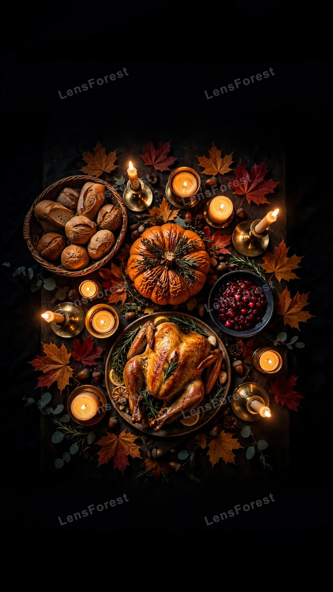 Overhead view of a Thanksgiving feast table at night with roasted turkey, glowing candles, pumpkin centerpiece and autumn maple leaves on a dark moody background