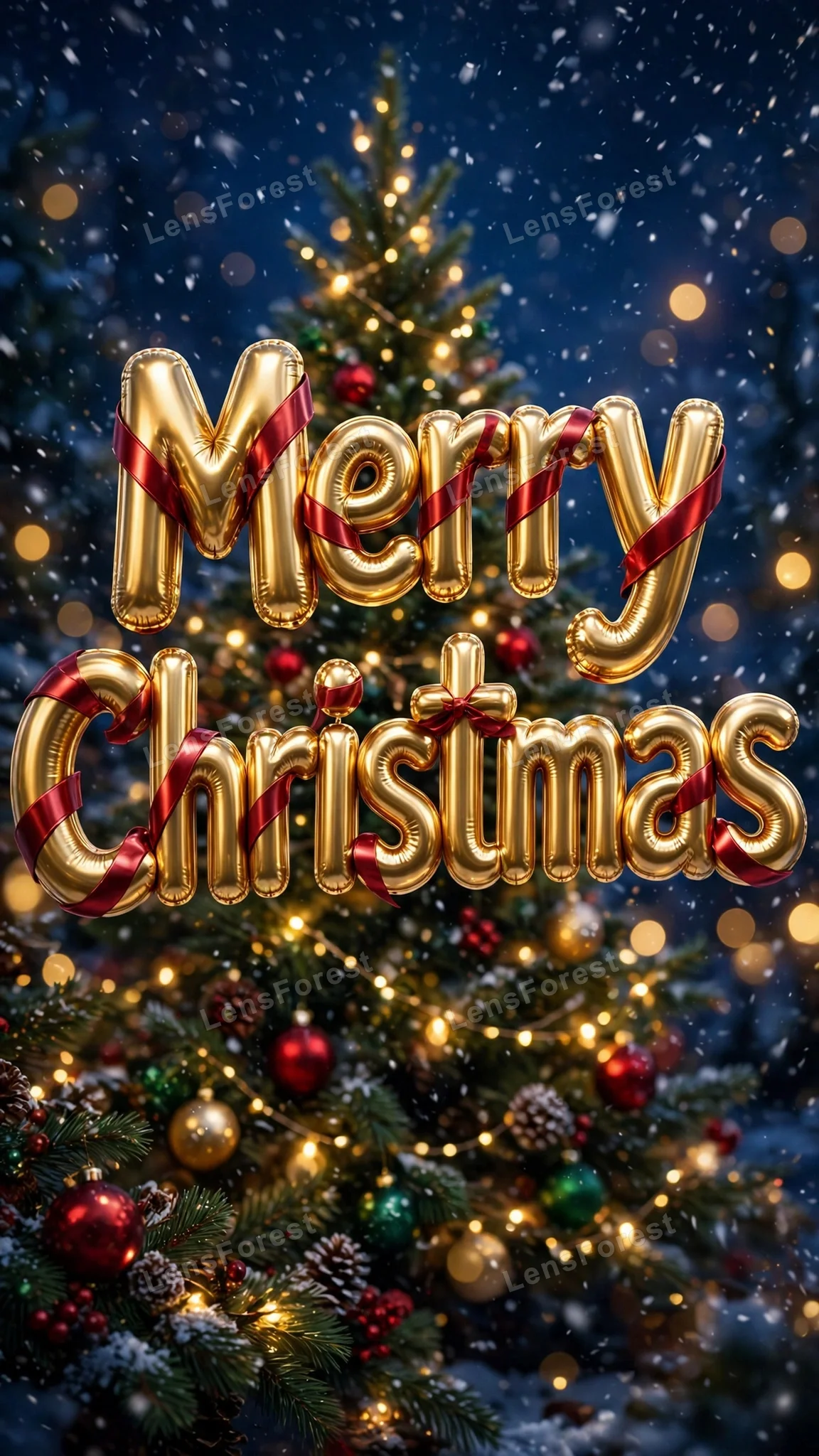 Golden 3D balloon letters spelling Merry Christmas over a decorated snowy Christmas tree at night