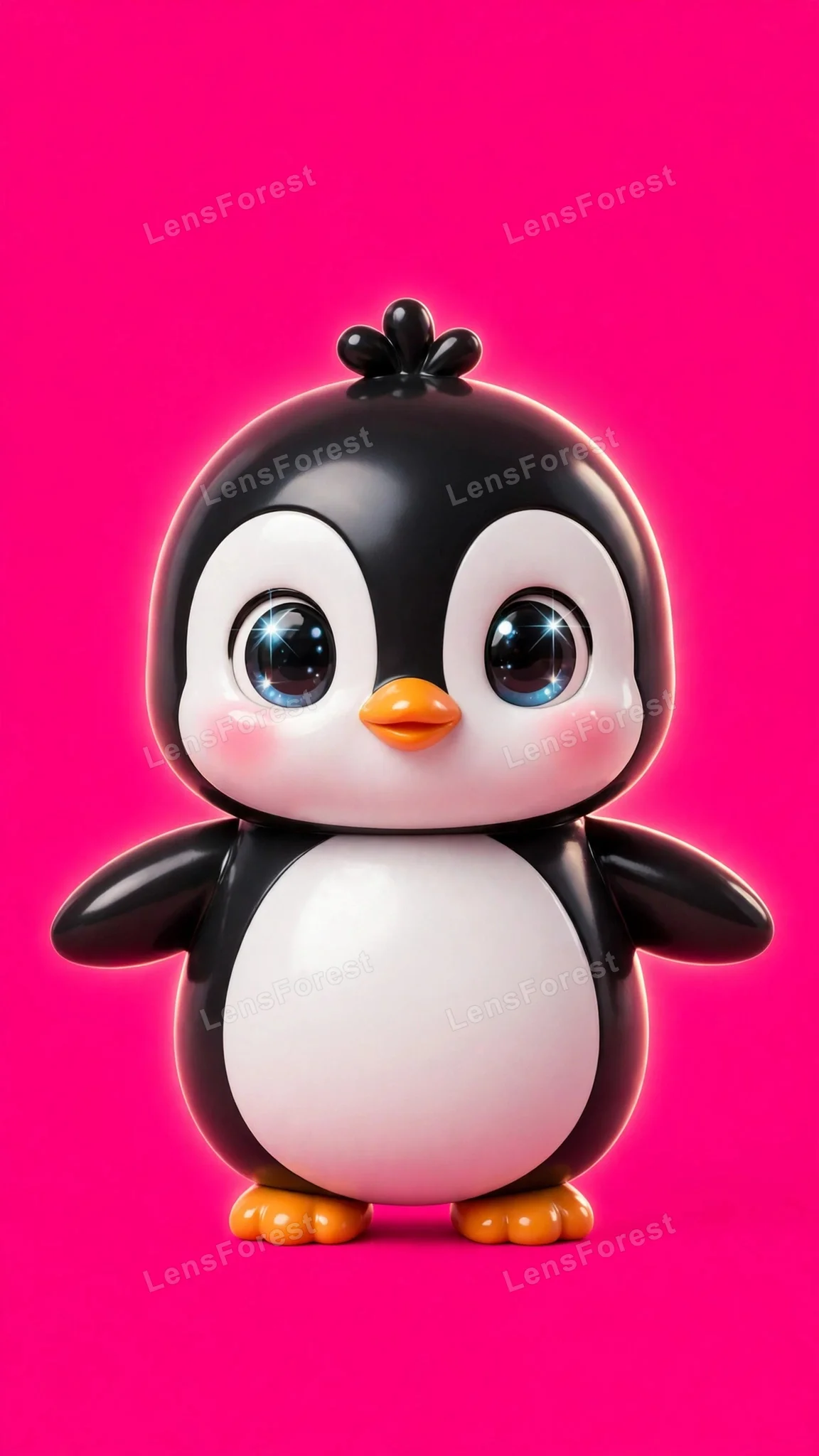 Cute glossy 3D baby penguin chick with big sparkling blue eyes and rosy cheeks standing on a solid hot pink background