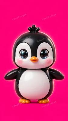 Cute glossy 3D baby penguin chick with big sparkling blue eyes and rosy cheeks standing on a solid hot pink background