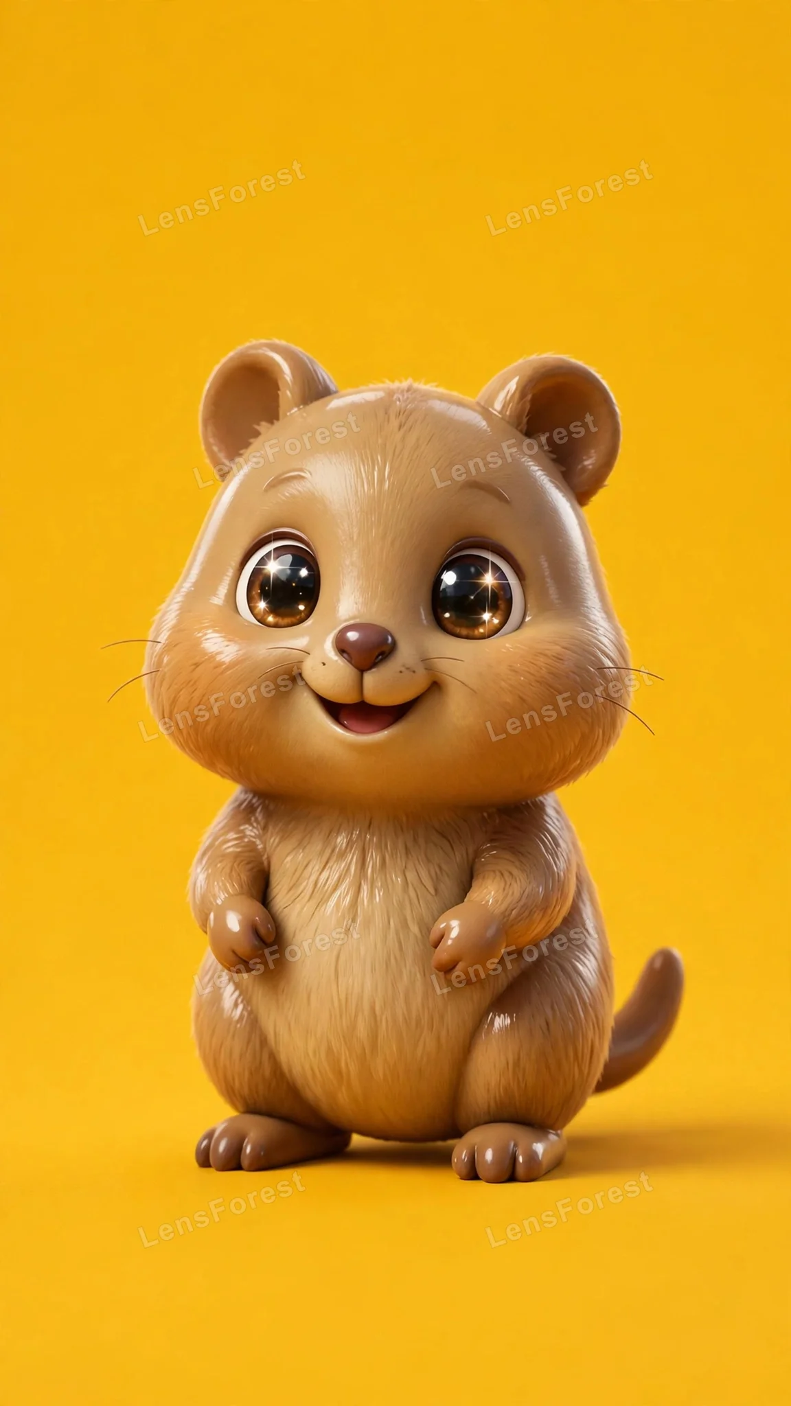 Cute glossy 3D baby quokka character smiling on a solid golden-yellow background — free HD download