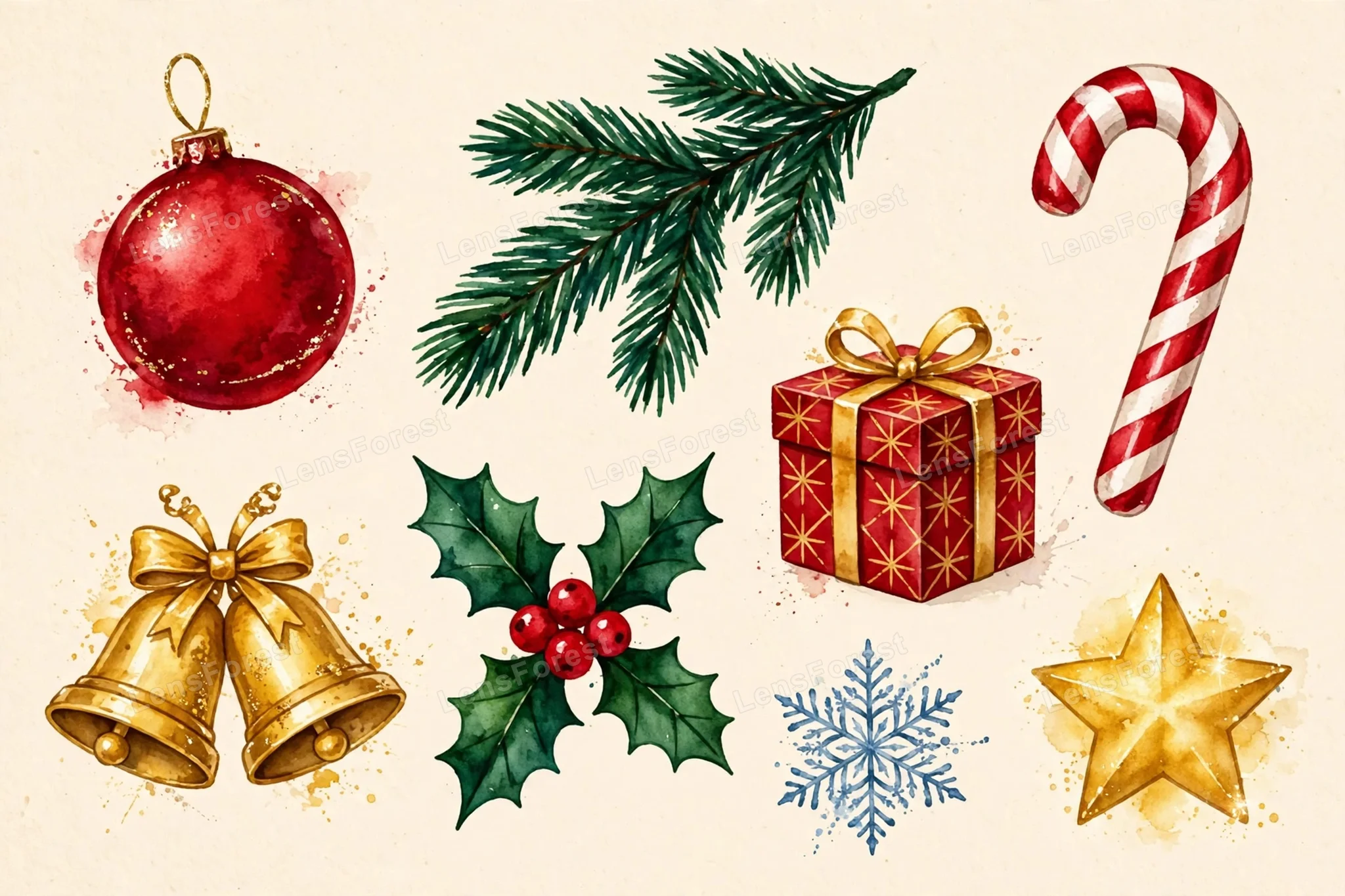 Watercolor Christmas elements set with red ornament, pine branches, candy cane, golden bells, holly berries, gift box, gold star and snowflake on cream background