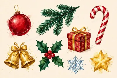Watercolor Christmas elements set with red ornament, pine branches, candy cane, golden bells, holly berries, gift box, gold star and snowflake on cream background