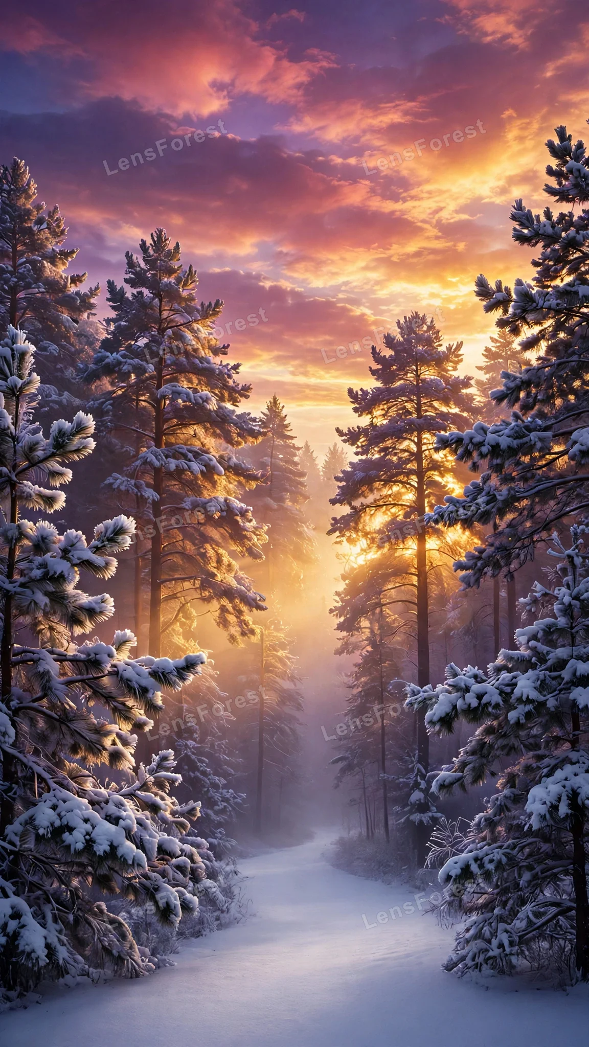 Snow-covered pine forest path at bold winter dawn with rose violet and golden sunrise light breaking through morning fog