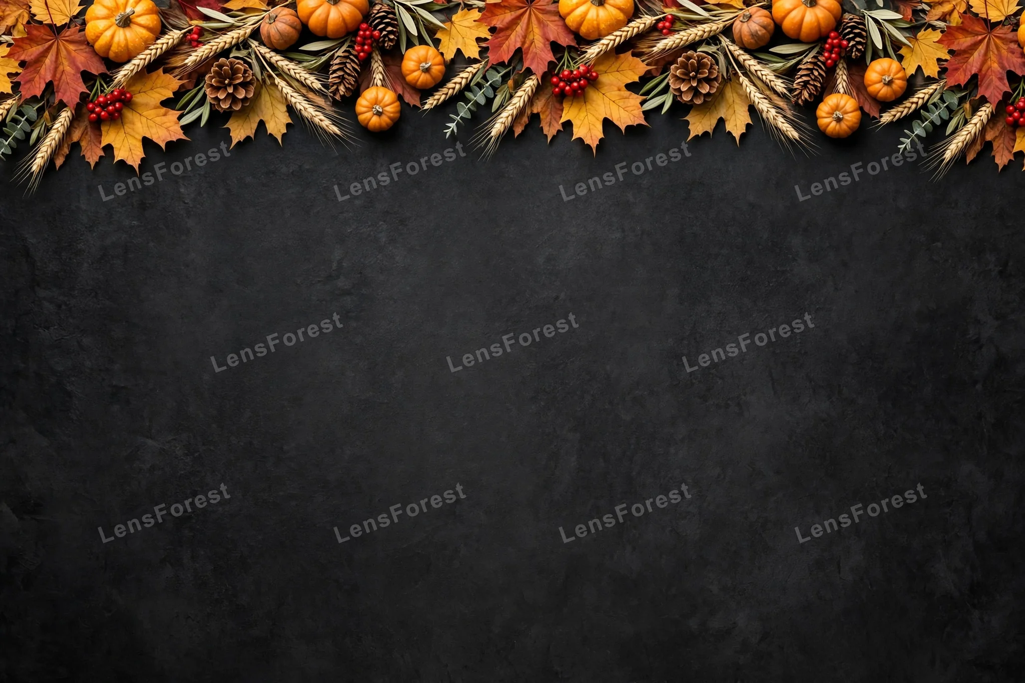 Horizontal Thanksgiving garland border of maple leaves, mini pumpkins, red berries, wheat and pinecones across the top edge of a deep charcoal textured background with large empty copy space below