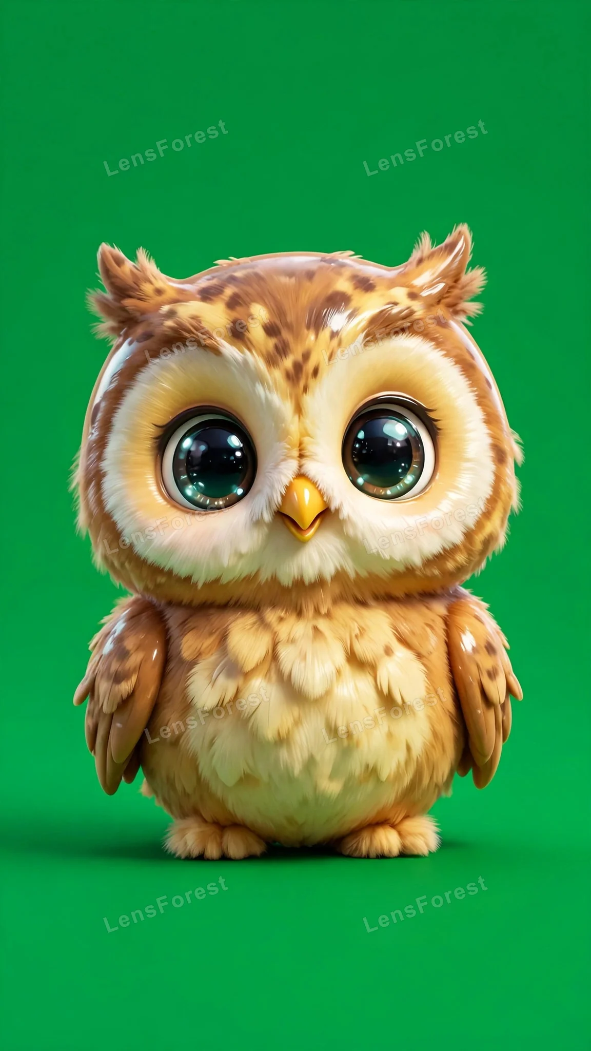 One glossy 3D baby owl character with big shiny eyes standing centered on a solid vivid emerald green background