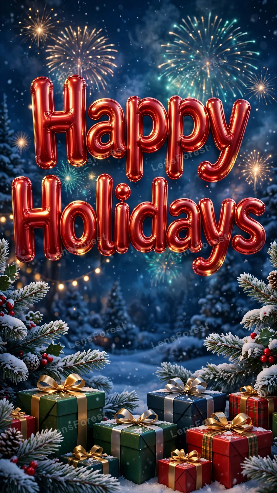 Big glossy red 3D balloon letters spelling Happy Holidays over a festive snowy night scene with wrapped gift boxes, pine branches and fireworks in a deep blue sky