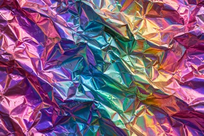 Full-frame iridescent holographic foil texture with rainbow sheen shifting across a crinkled metallic surface