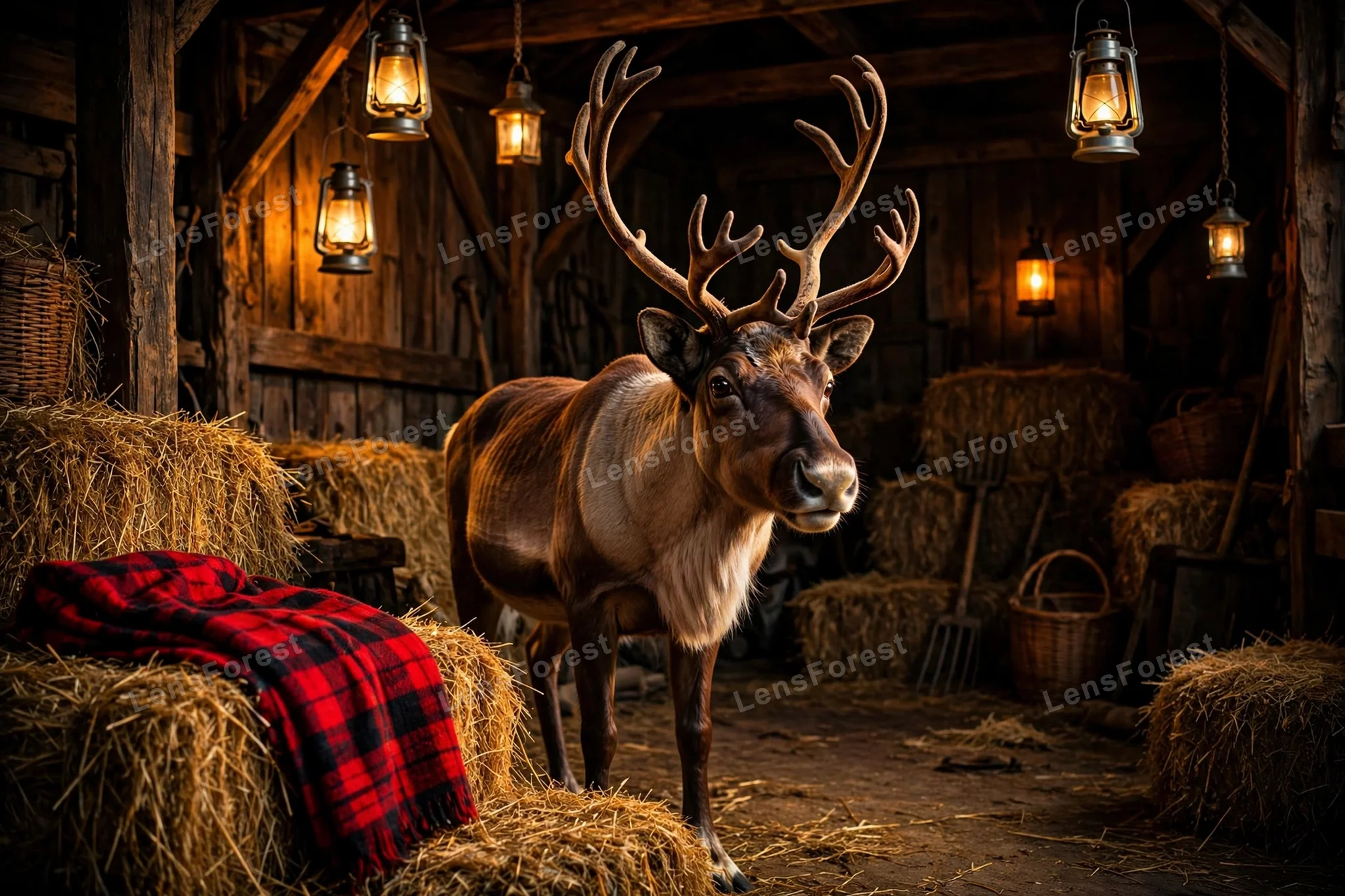 A gentle reindeer with large antlers standing inside a rustic wooden barn lit by warm hanging lanterns, with hay bales and a red plaid blanket