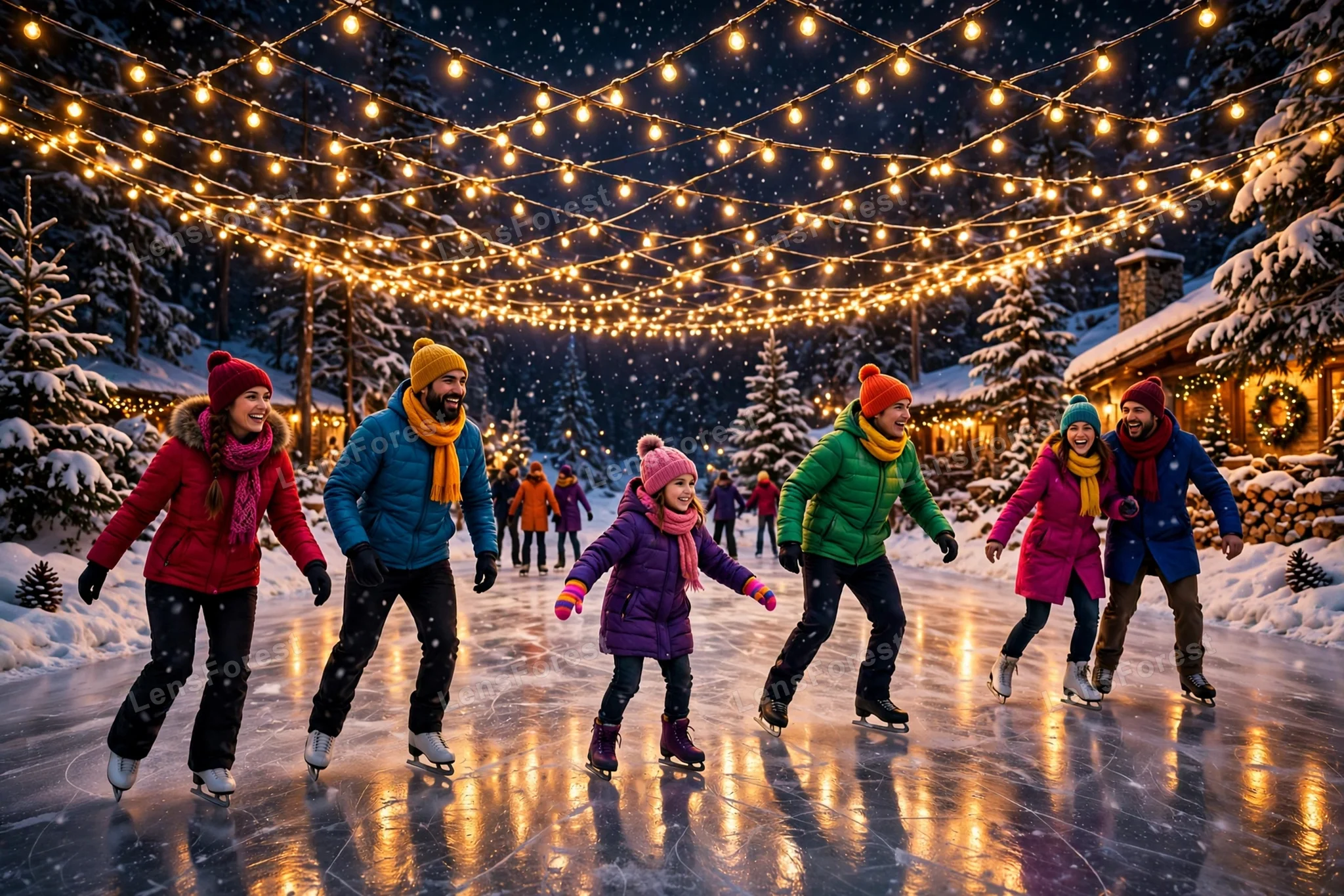 Happy skaters in colorful winter clothes gliding on an outdoor ice rink at night under crisscrossing warm string lights, with snow-covered pine trees around