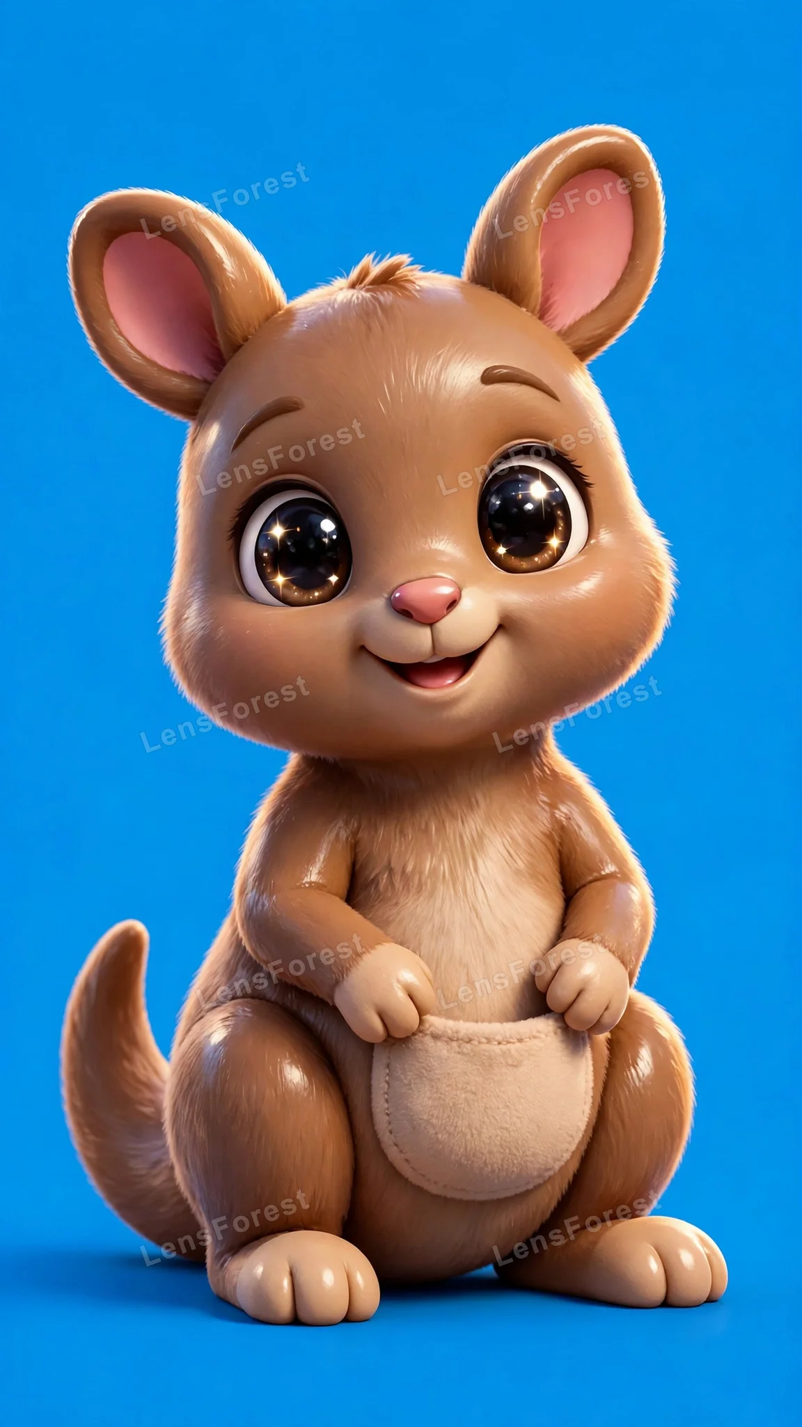 One adorable glossy 3D baby kangaroo character with big shiny sparkling eyes, a tiny pink nose and a cute belly pouch, centered on a solid bold sky blue background