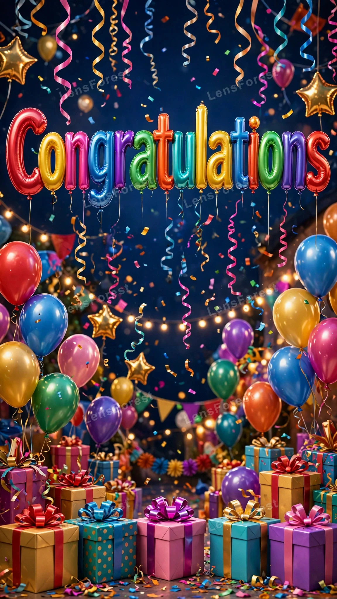 Big glossy 3D balloon letters spelling Congratulations floating over a festive celebration scene with party balloons, confetti, streamers and gift boxes
