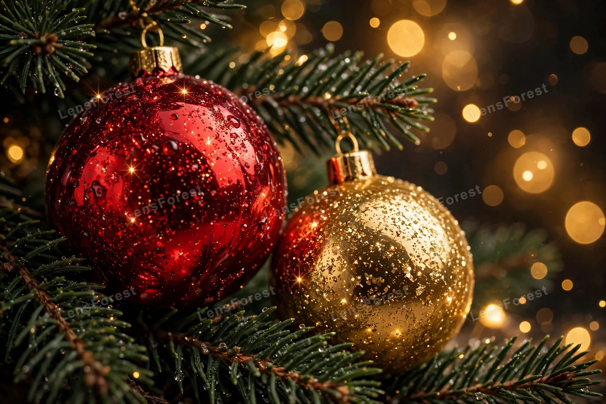 Extreme macro of glossy red and gold Christmas ornaments hanging on pine branches with sparkling warm golden bokeh in the background