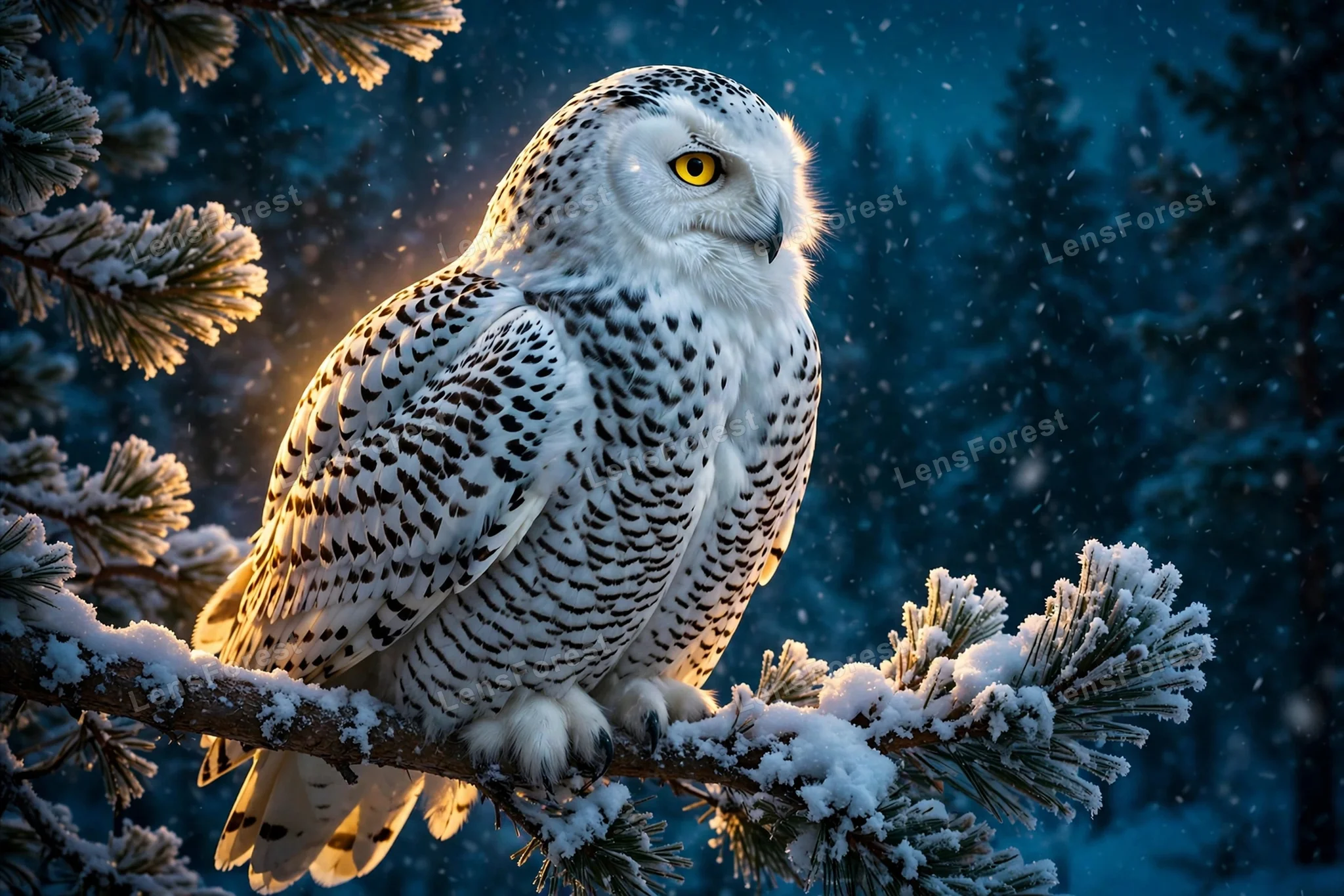Majestic snowy owl with speckled white feathers and yellow eyes perched on a snow-dusted pine branch at twilight, with soft snowfall and a deep teal-blue forest background