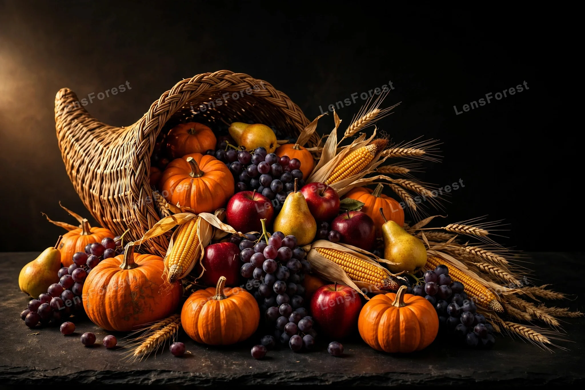 Lavish woven cornucopia horn of plenty overflowing with pumpkins, grapes, apples, pears, corn and wheat on a dark slate surface under dramatic moody side light
