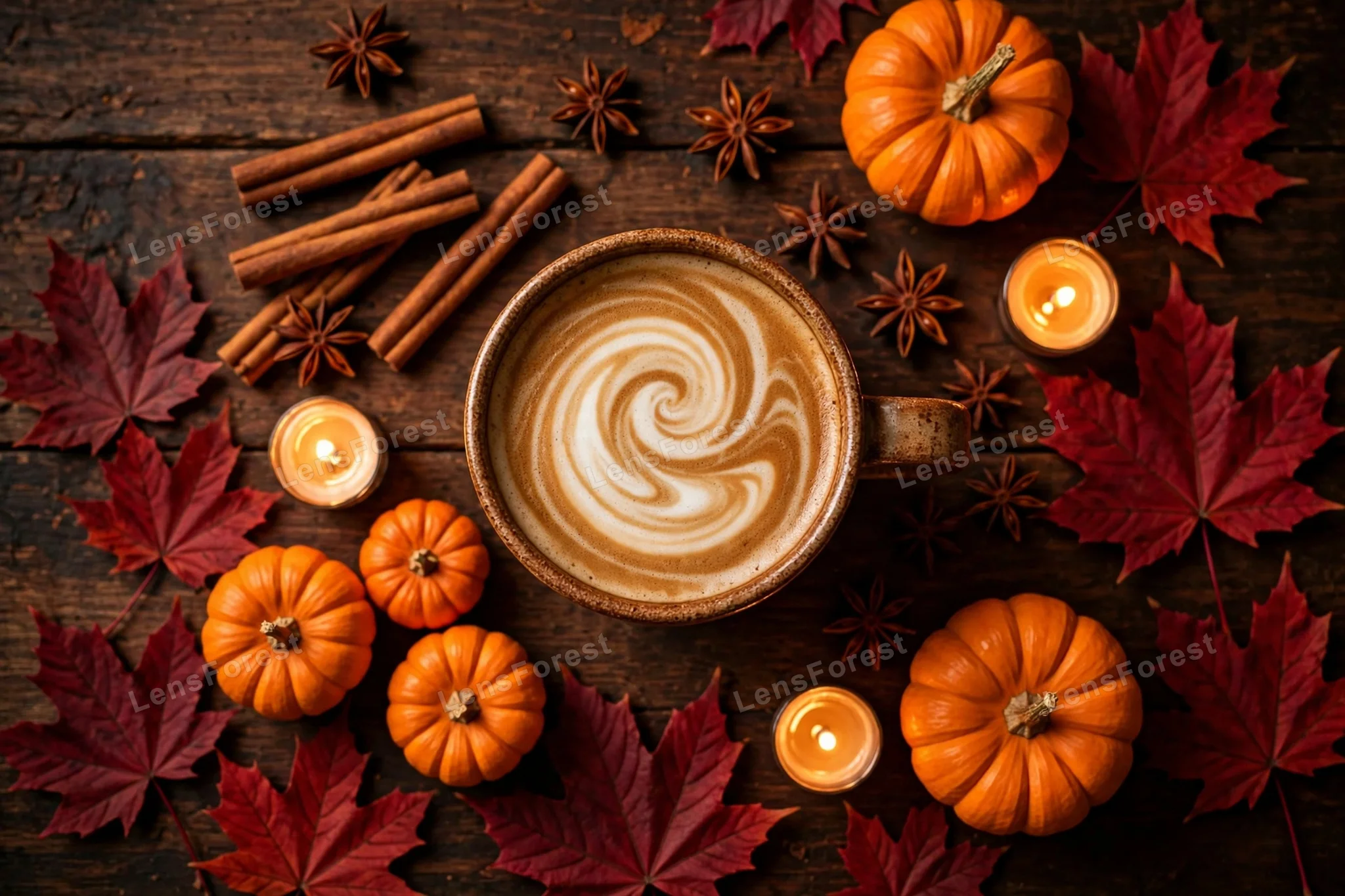 Overhead flat lay of a pumpkin spice latte with a latte art swirl in a rustic mug, surrounded by cinnamon sticks, star anise, mini pumpkins, crimson maple leaves and glowing candles on dark rustic wood