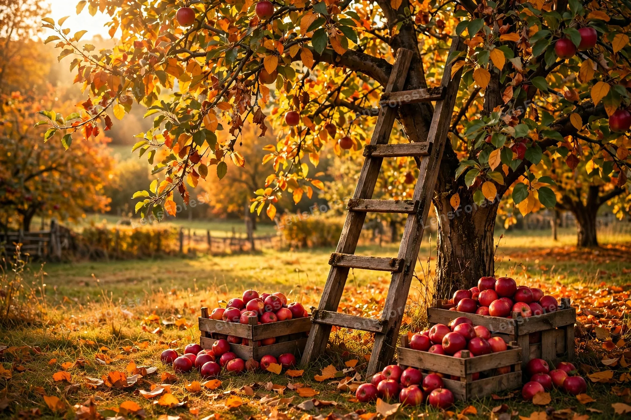 A wooden ladder leaning against an apple tree in a golden autumn orchard, with wooden crates overflowing with red apples below in warm late-afternoon sunlight
