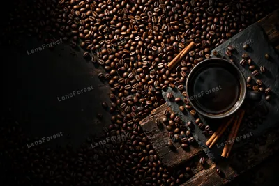 Moody overhead flat lay of dark roasted coffee beans with a cup of black coffee and cinnamon sticks on dark slate with copy space on one side