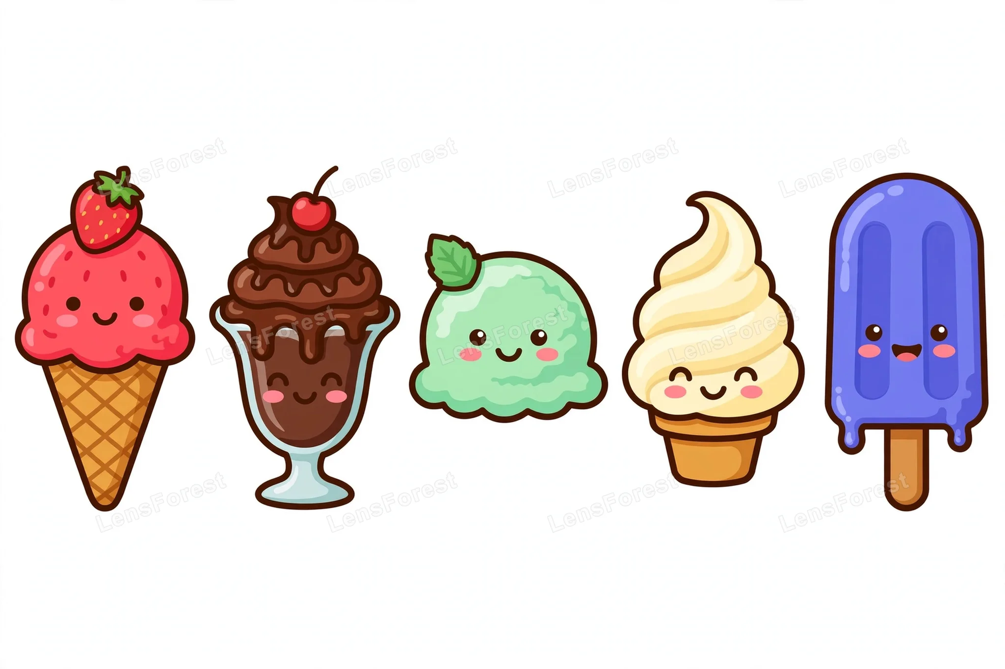 Set of five smiling kawaii ice cream characters — strawberry cone, chocolate sundae, mint scoop, vanilla soft serve and a popsicle — on a clean white background