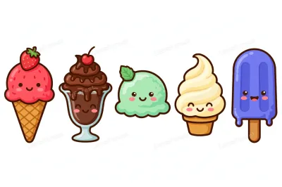 Set of five smiling kawaii ice cream characters — strawberry cone, chocolate sundae, mint scoop, vanilla soft serve and a popsicle — on a clean white background