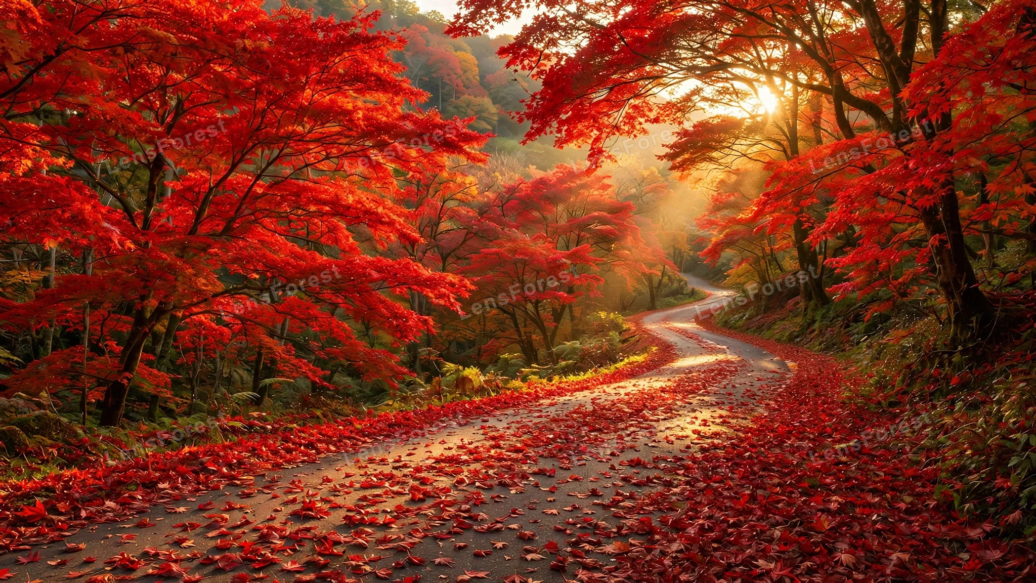 A winding forest road through blazing red and orange maple trees in peak autumn, fallen leaves carpeting the ground under soft golden light