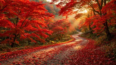 A winding forest road through blazing red and orange maple trees in peak autumn, fallen leaves carpeting the ground under soft golden light