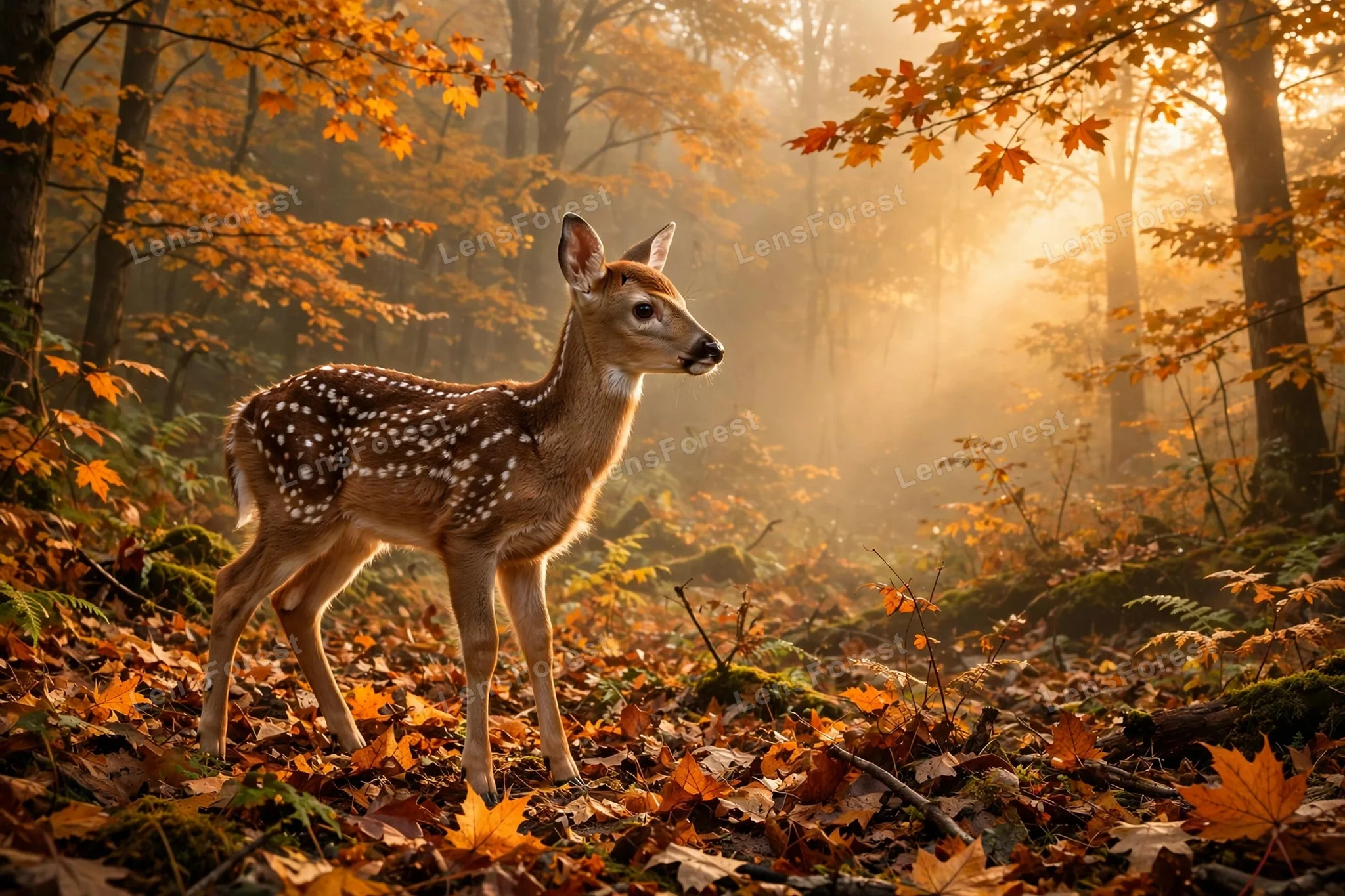 A young fawn standing in a misty autumn woodland at dawn, soft fog drifting between golden trees and fallen leaves