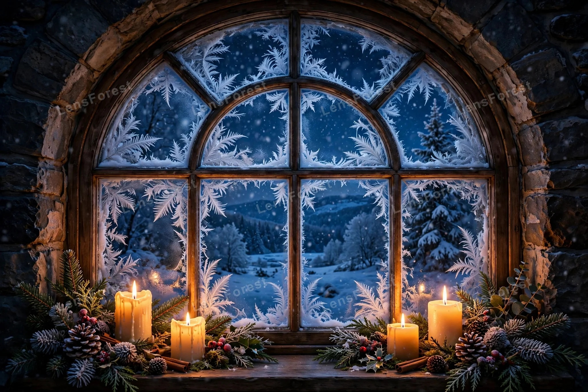 A traditional Christmas candle arch glowing in a snowy window at evening, frost patterns and warm light spilling onto the snow