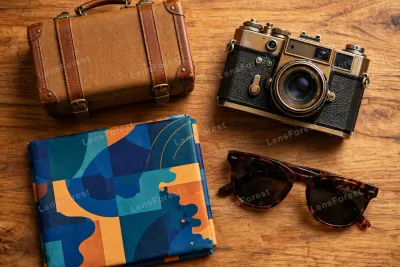 A travel flat lay with a vintage suitcase, a folded map, a film camera, sunglasses and a passport on a wooden table