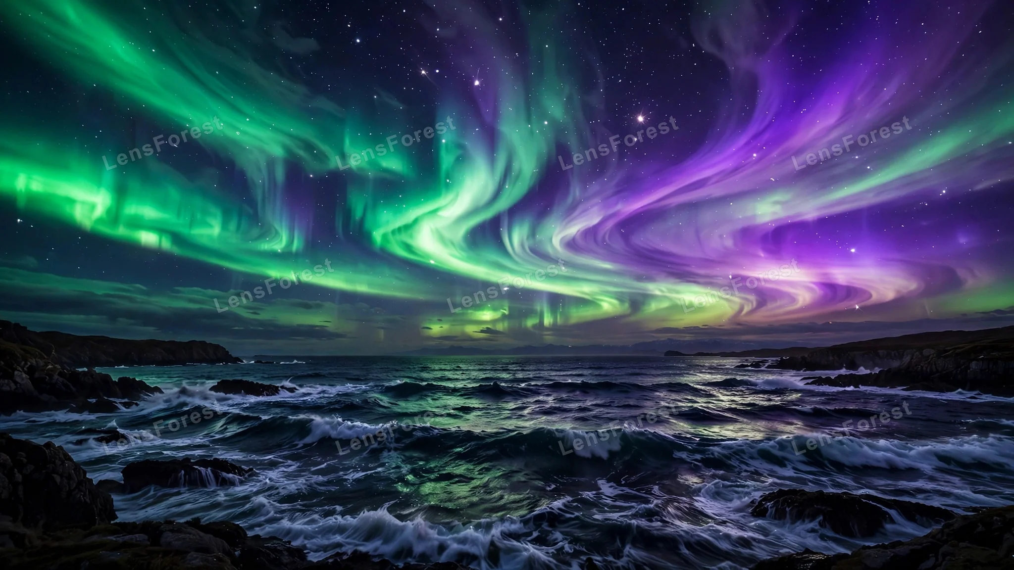 Green and violet aurora borealis dancing over dark ocean waves under a starry sky, a wide desktop wallpaper scene