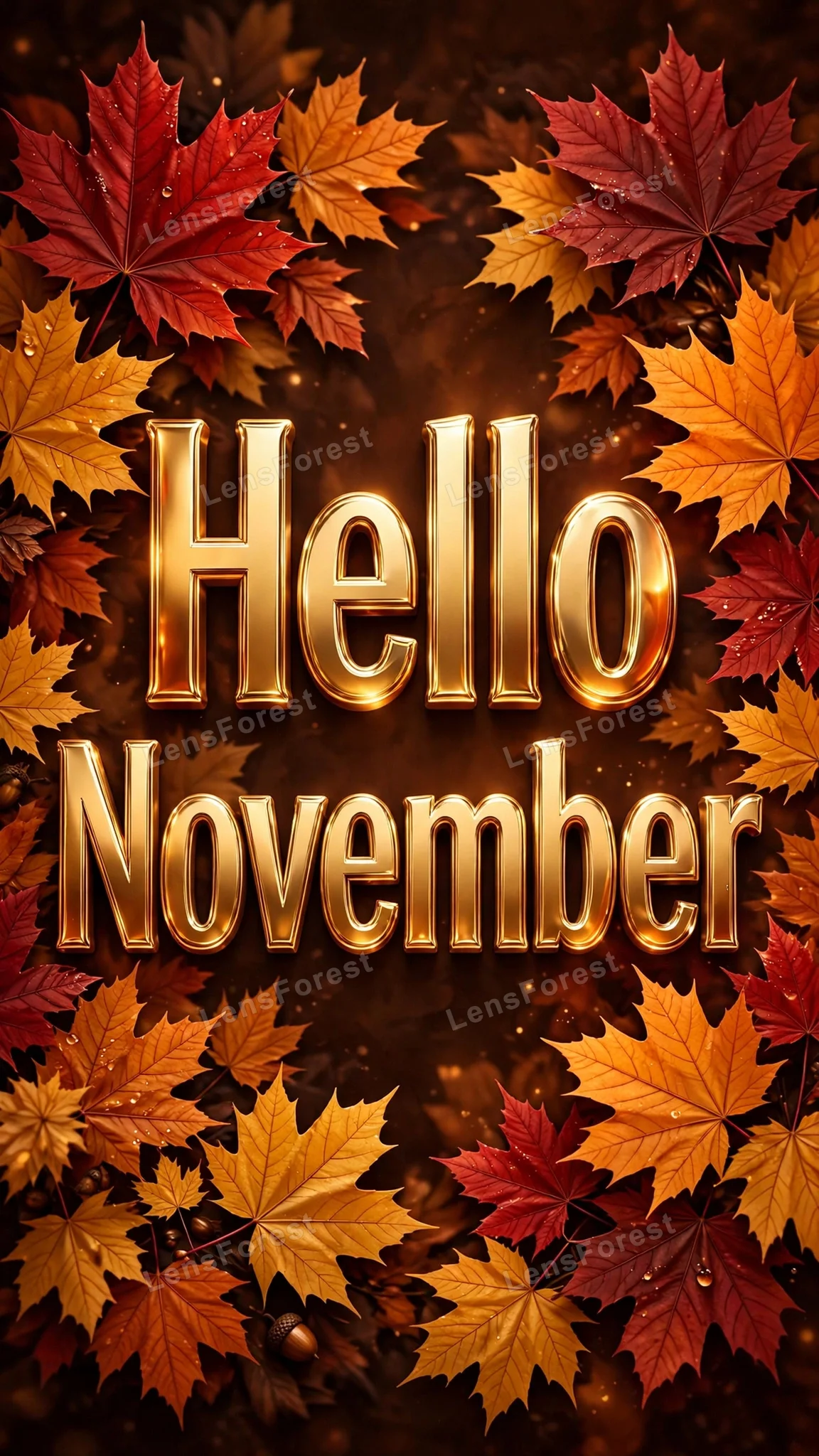 Glossy 3D Hello November lettering surrounded by rich autumn leaves in burgundy, orange and gold tones