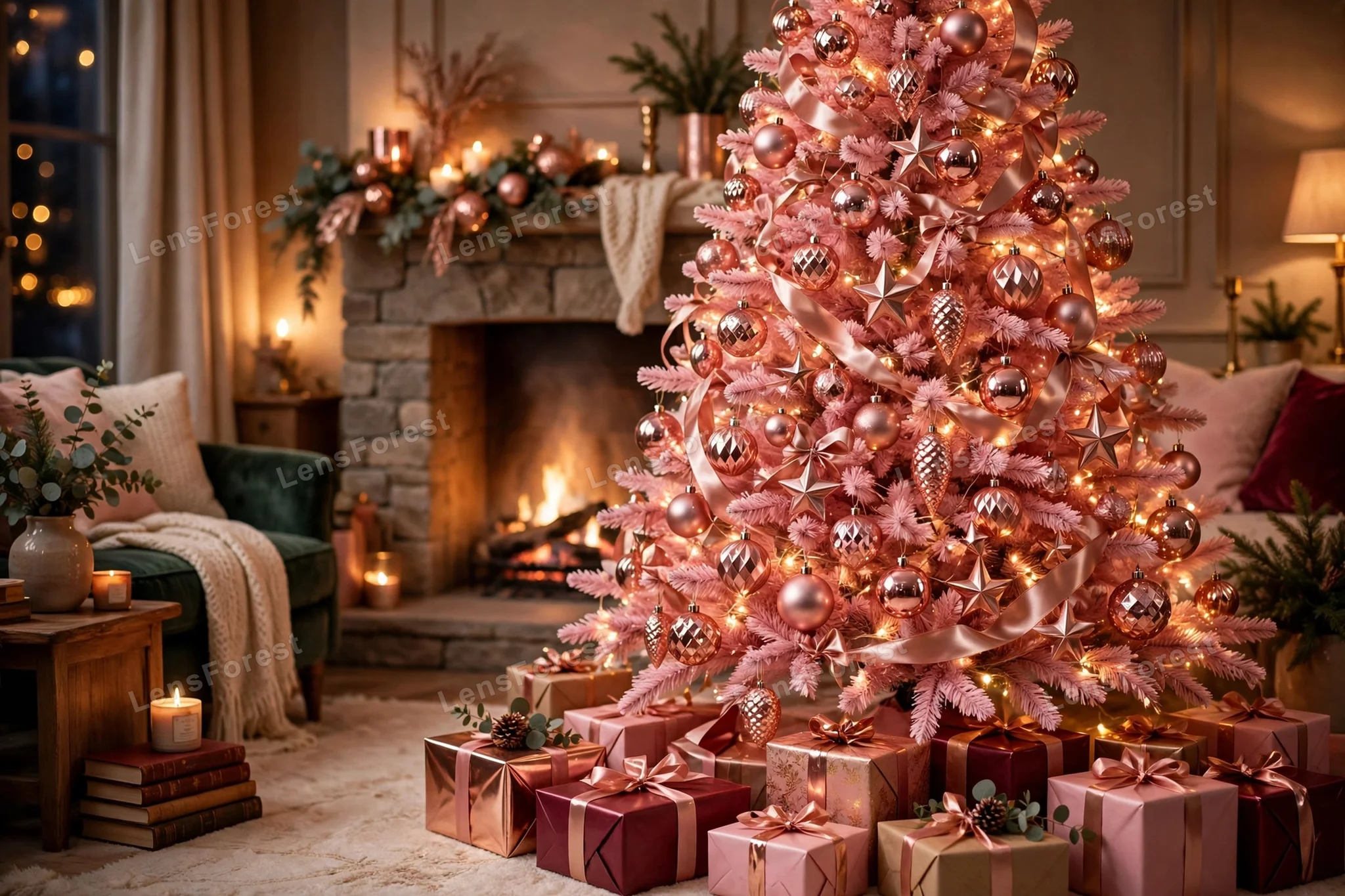 A pink Christmas tree decorated with rose gold ornaments and warm lights in a soft elegant room