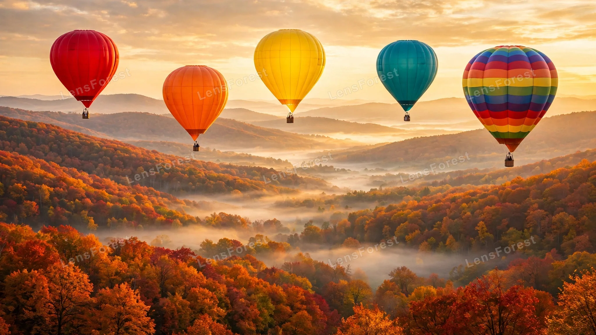 Colorful hot air balloons floating over a golden autumn valley at sunrise, with patchwork fields below