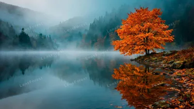 A lone autumn tree reflected in a misty still lake at dawn, soft fog over calm water and muted fall colors