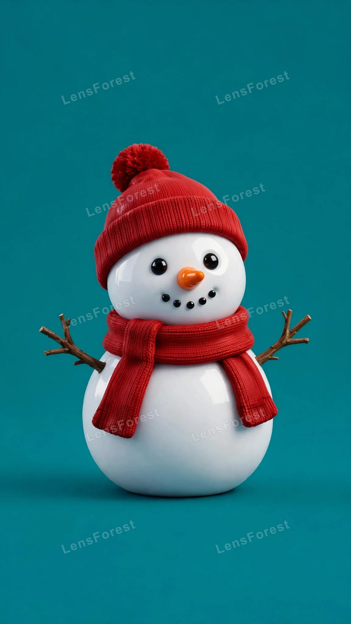 A cute glossy 3D snowman wearing a cozy scarf and hat, standing on a bold teal background, cheerful and shiny