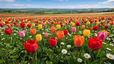 A bright field of spring tulips and white daisies in full bloom under a blue sky, a colorful flower background