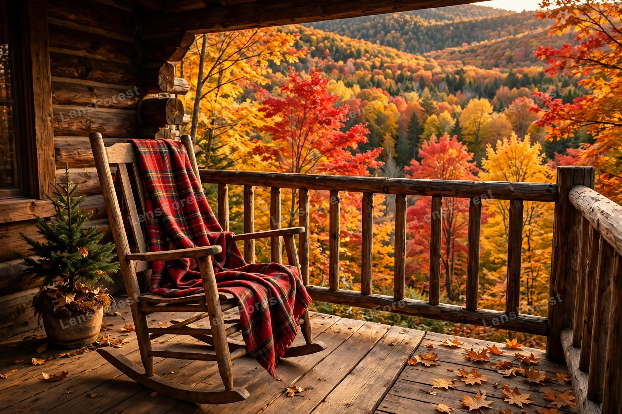 A cozy cabin porch with a wooden rocking chair and a plaid blanket overlooking colorful autumn forest views