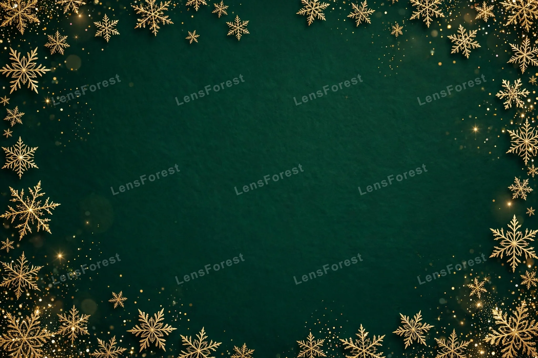 An elegant Christmas card background with gold snowflakes scattered on a deep green backdrop and copy space in the center