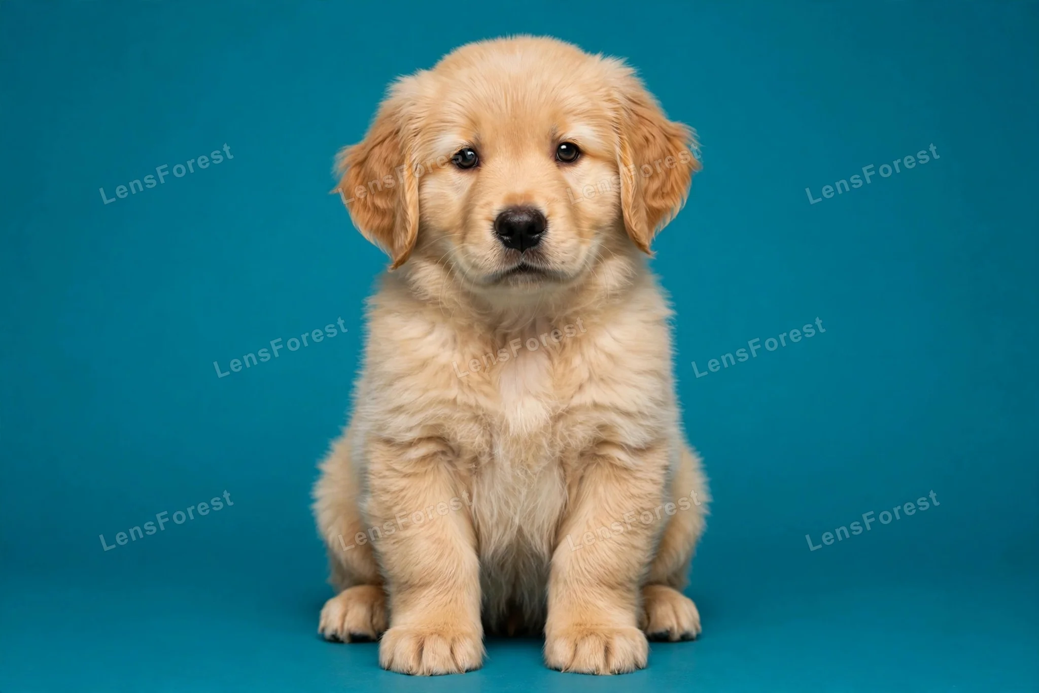 A golden retriever puppy sitting in a studio portrait against a bold saturated background, looking at the camera