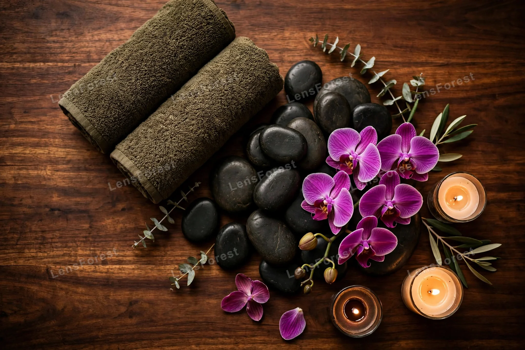 A spa wellness flat lay with smooth stones, rolled white towels, an orchid flower and candles on a calm background