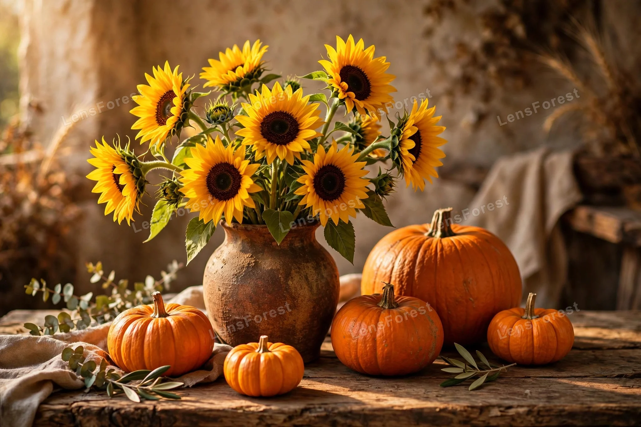An autumn still life with bright sunflowers, orange pumpkins and fall leaves arranged on a rustic wooden table