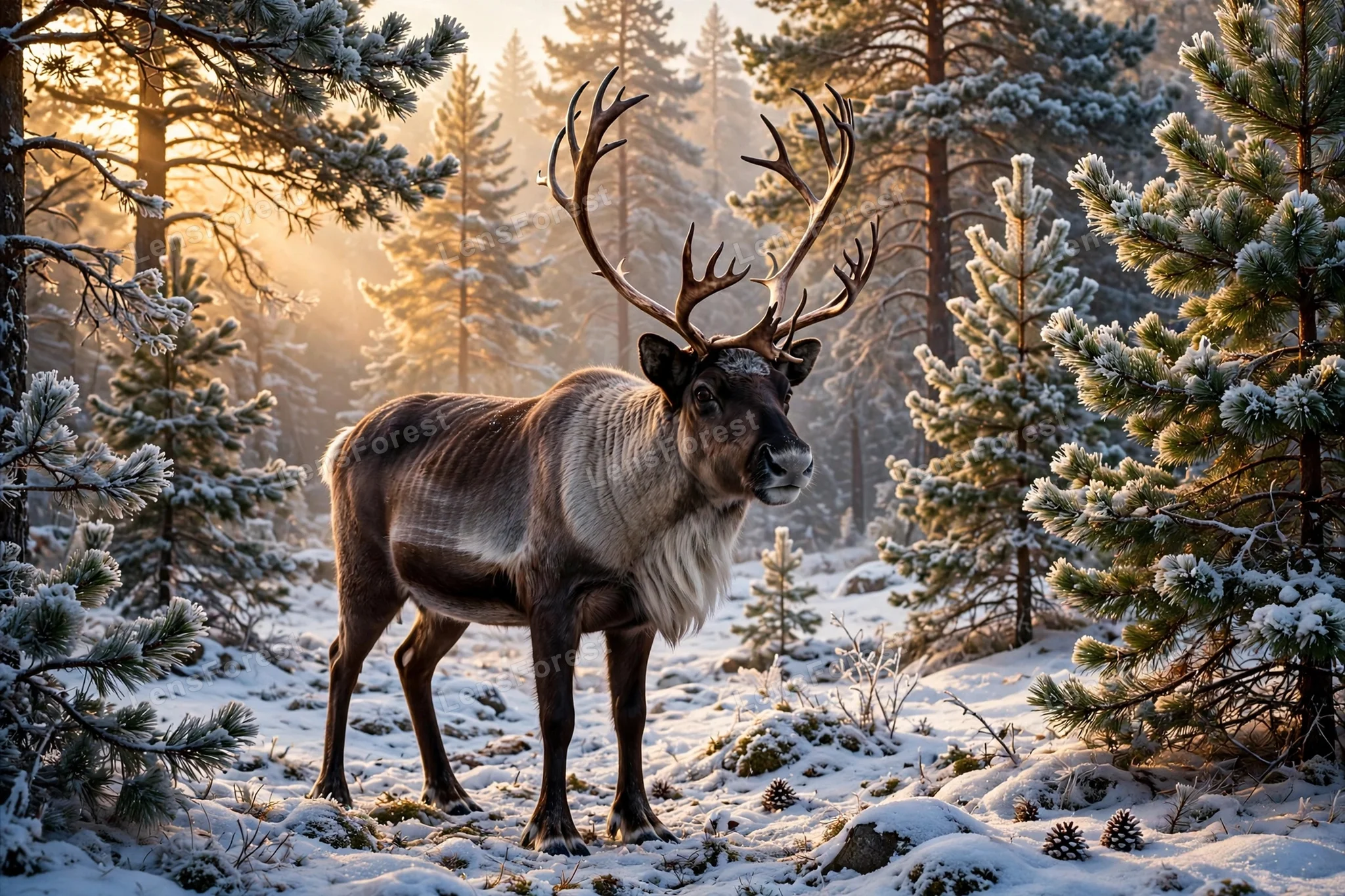 A reindeer standing in a snowy forest in soft morning light, breath visible in the cold air, antlers dusted with snow