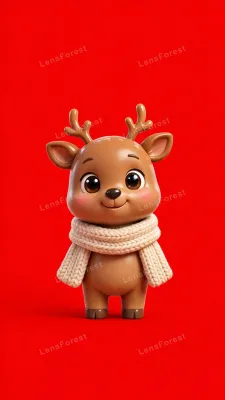 A cute glossy 3D reindeer wearing a cozy scarf, standing on a bold red background, cheerful and shiny