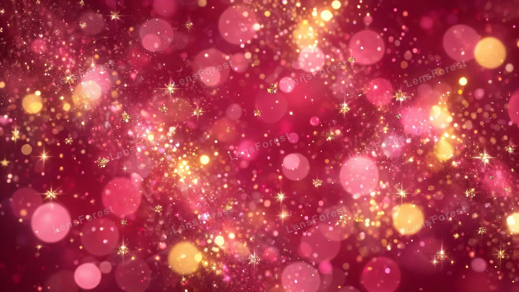A rose pink Christmas bokeh background with glitter stars and soft glowing lights, dreamy and festive
