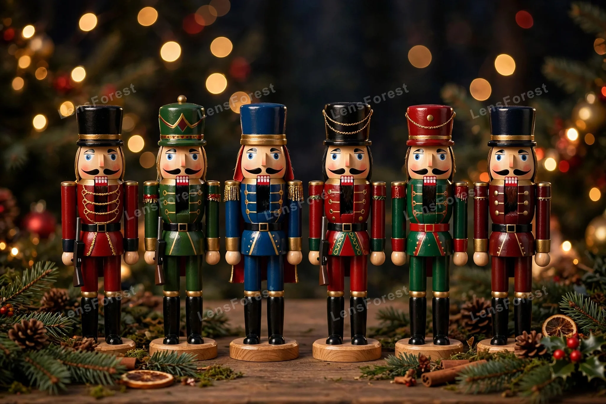 Traditional nutcracker soldier figurines standing in a festive row with Christmas decorations and warm lights