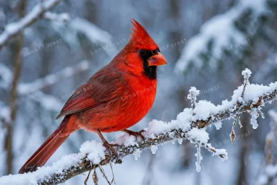 A bright red cardinal bird perched on a snow-covered branch against a soft white winter background